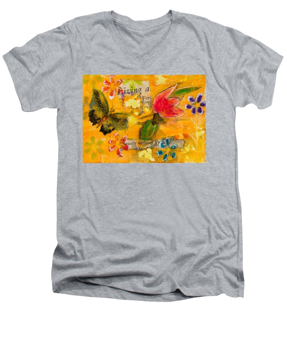 Butterfly Men's V-Neck T-Shirt featuring the mixed media Beauty Without Vanity by Dawn Boswell Burke