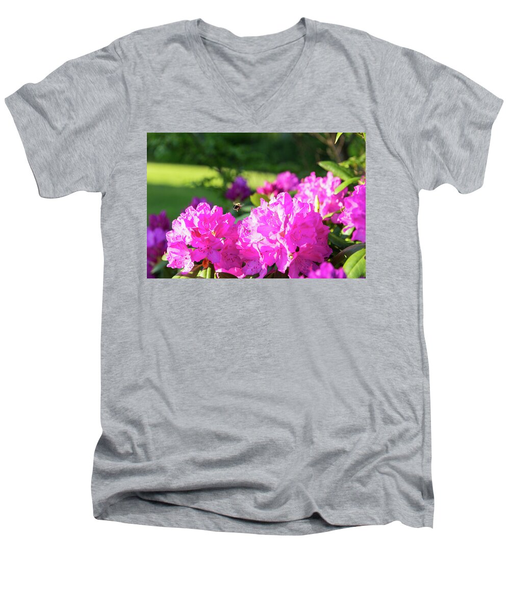 Bee Men's V-Neck T-Shirt featuring the photograph Bee Flying Over Catawba Rhododendron by D K Wall