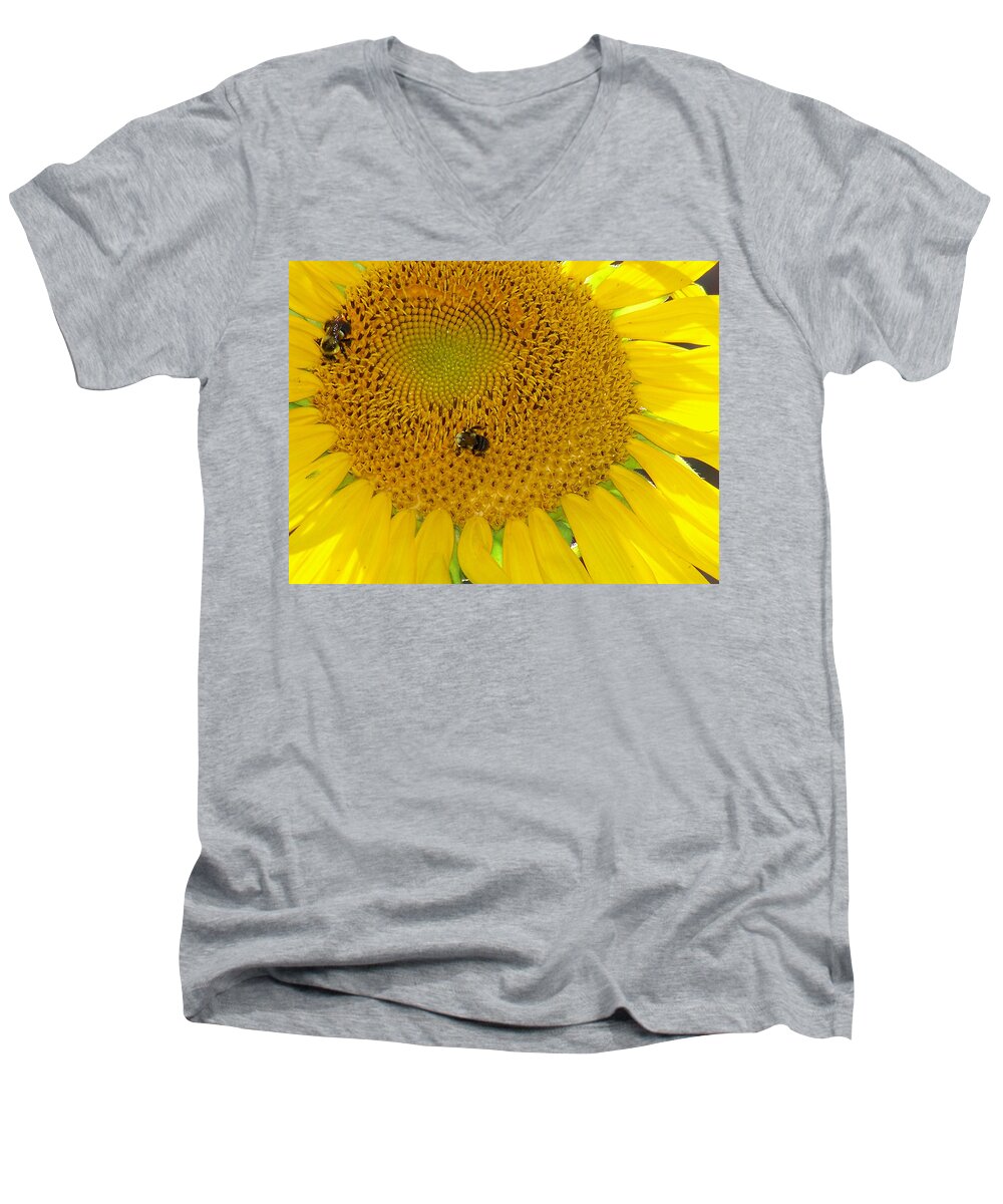 Sunflower Men's V-Neck T-Shirt featuring the photograph Bees Share A Sunflower by Sandi OReilly