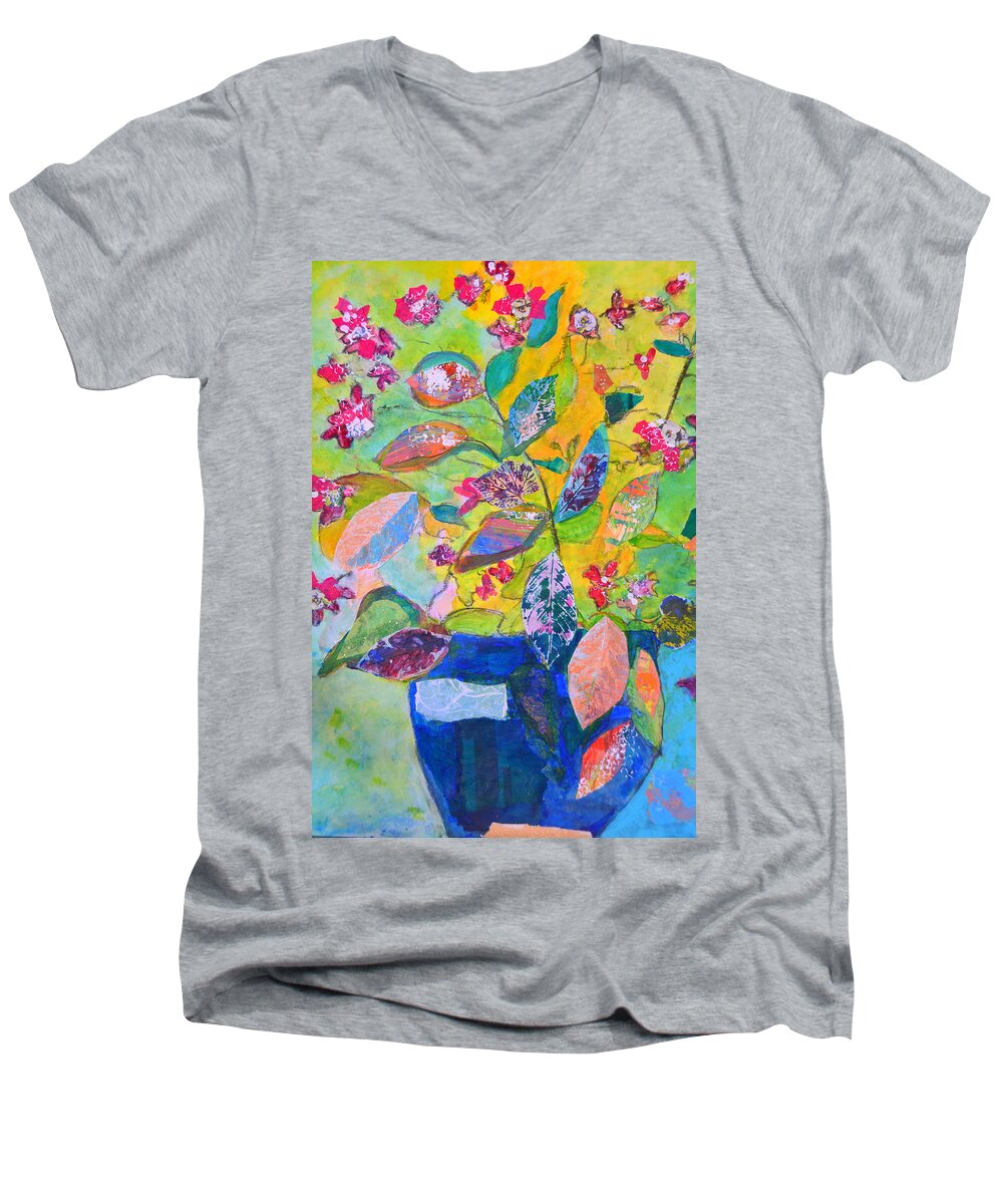 Begonias Men's V-Neck T-Shirt featuring the mixed media Begonias by Julia Malakoff