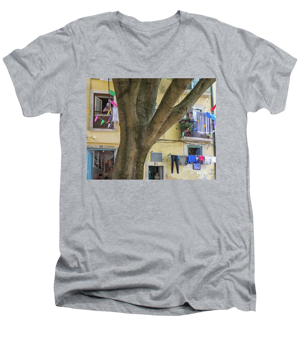Lisbon Men's V-Neck T-Shirt featuring the photograph Behind the Tree by Patricia Schaefer