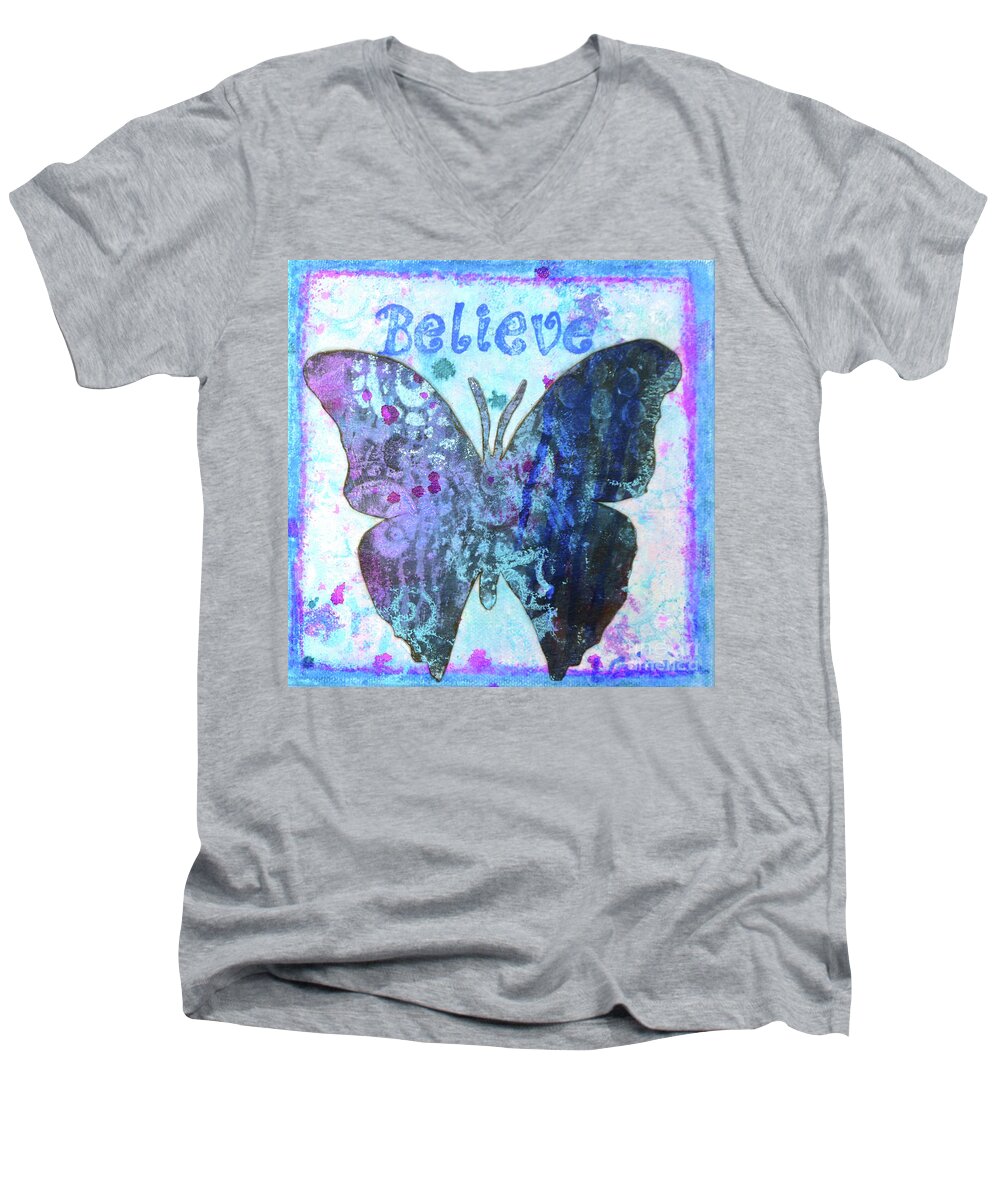 Butterfly Men's V-Neck T-Shirt featuring the painting Believe Butterfly by Lisa Crisman