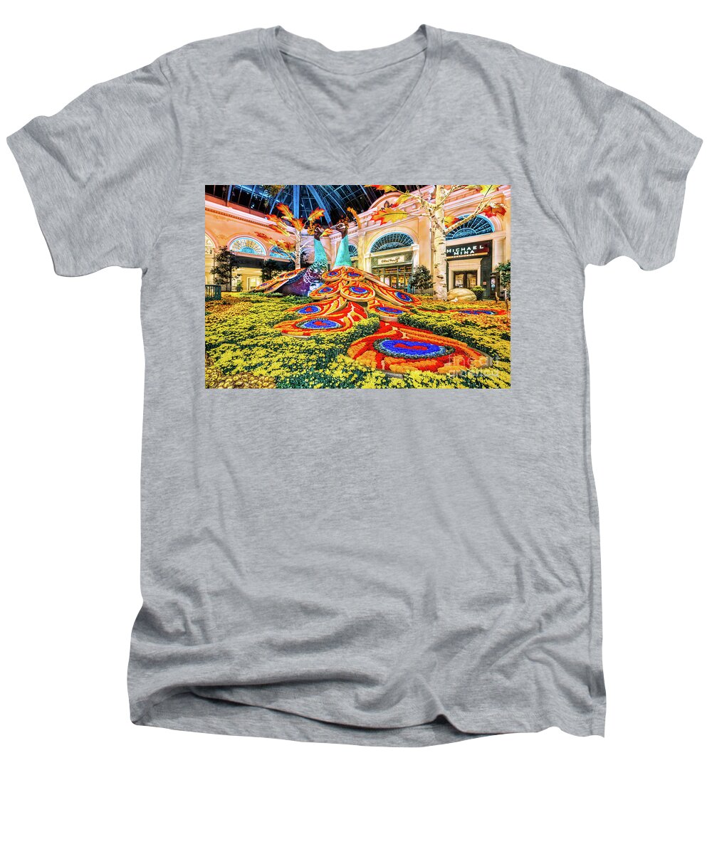 Bellagio Conservatory Men's V-Neck T-Shirt featuring the photograph Bellagio Conservatory Fall Peacock Display Side View Wide 2017 by Aloha Art