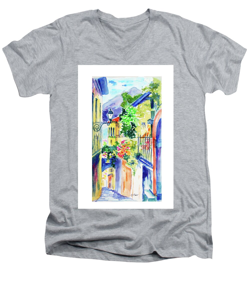 Italy Men's V-Neck T-Shirt featuring the painting Bellagio on Lake Como by Jerry Fair