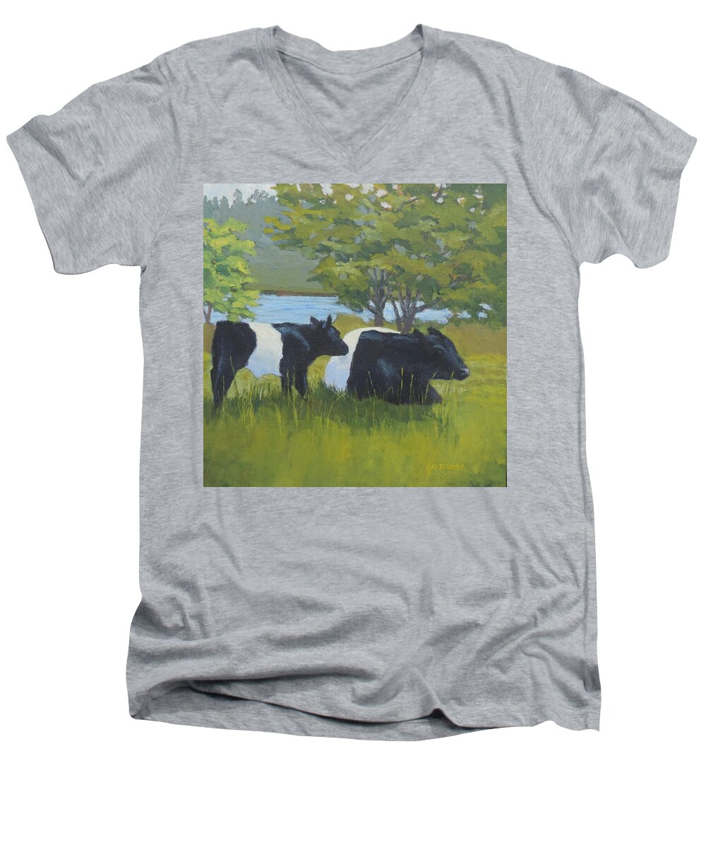 Belted Galloway Men's V-Neck T-Shirt featuring the painting Belted Galloway and Calf by Bill Tomsa