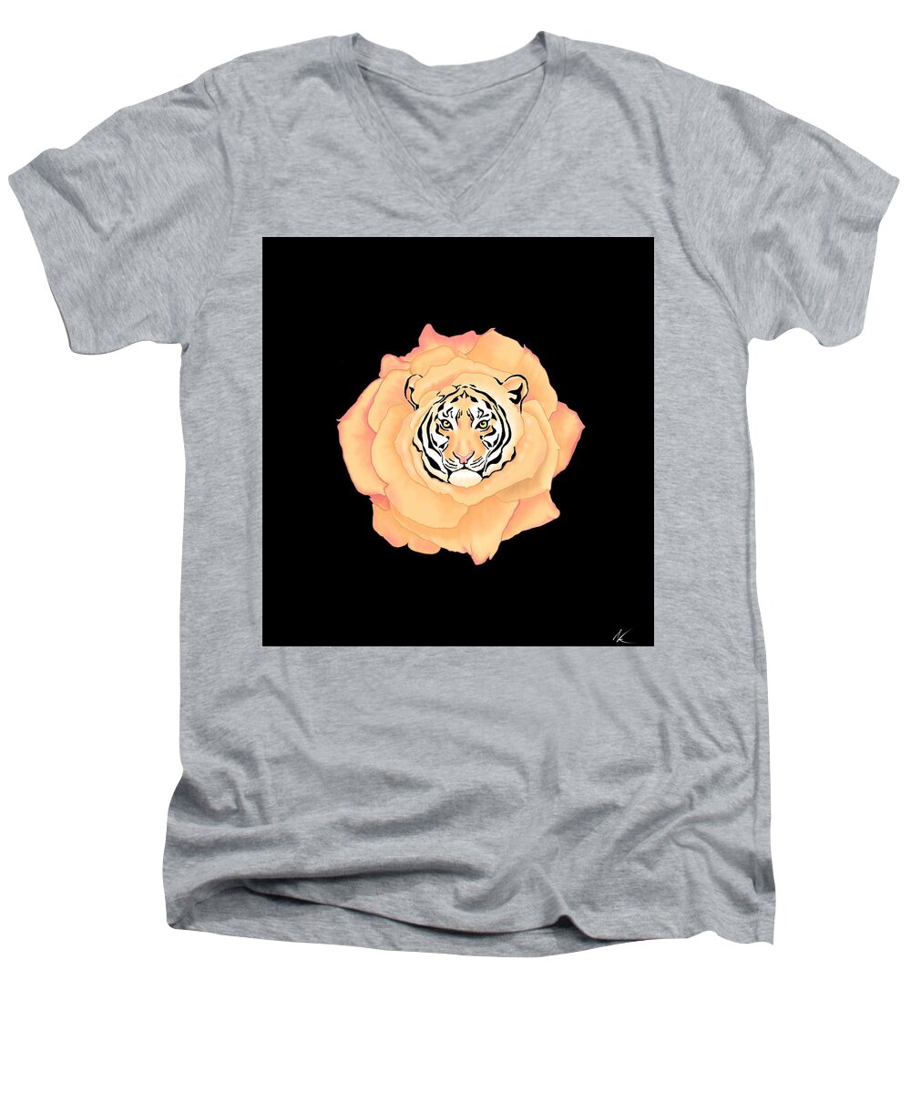 Tiger Men's V-Neck T-Shirt featuring the digital art Bengal Blossom by Norman Klein