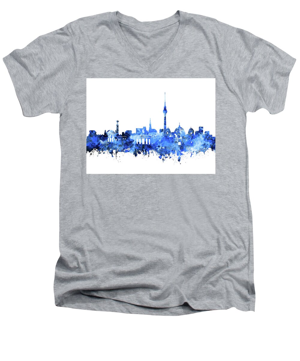 Berlin Men's V-Neck T-Shirt featuring the digital art Berlin City Skyline Blue by Bekim M