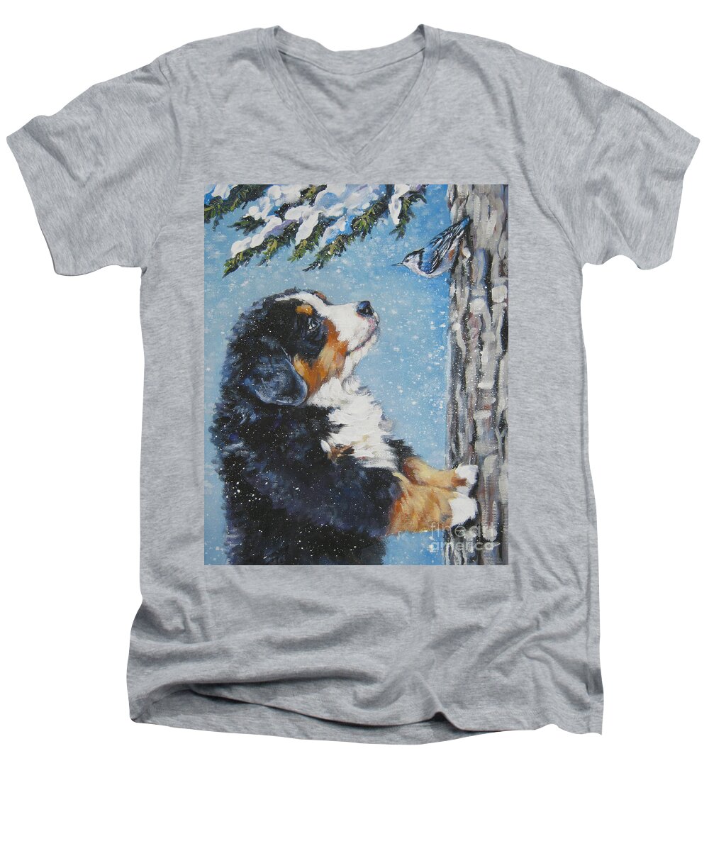 Bernese Mountain Dog Men's V-Neck T-Shirt featuring the painting bernese Mountain Dog puppy and nuthatch by Lee Ann Shepard