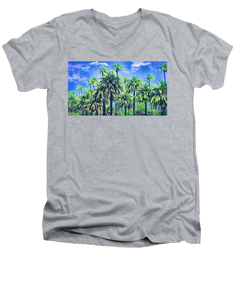 Palm Tree Men's V-Neck T-Shirt featuring the mixed media Beverly Hills Palms by Alicia Hollinger