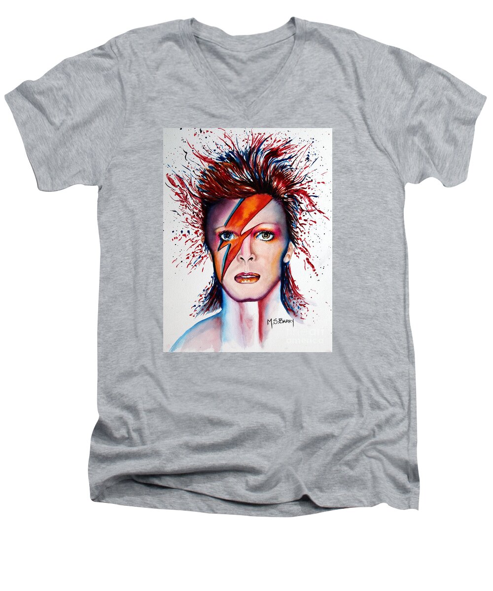 David Bowie Men's V-Neck T-Shirt featuring the painting Bi Bi Bowie by Maria Barry