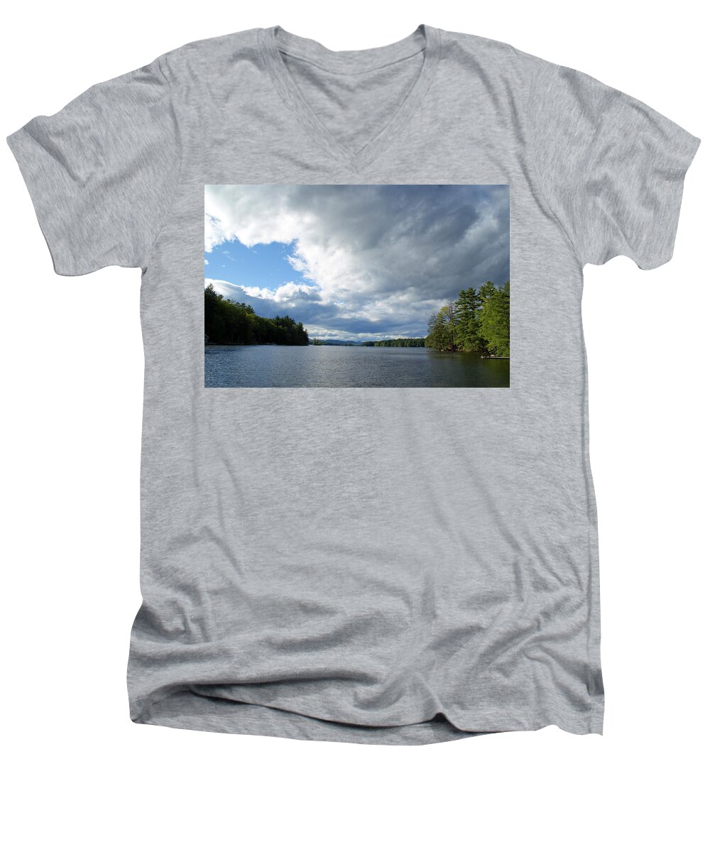 Island Lake Water Sky Clouds Maine Autumn Seasonal Trees Woods Recreation Nature Beauty Peace Serenity Solitude Texture Boating Color Earth Environment Landscape Background Scenic Light Reflections Sensuous Country Patterns Panorama Expanse Wild Unspoiled Inspiration Tranquil Wilderness Tactile Idyllic Pastoral Outdoors Inspirational Meditative Peaceful Travel Hiking Canoeing Twilight Men's V-Neck T-Shirt featuring the photograph Big Brooding Sky by Lynda Lehmann