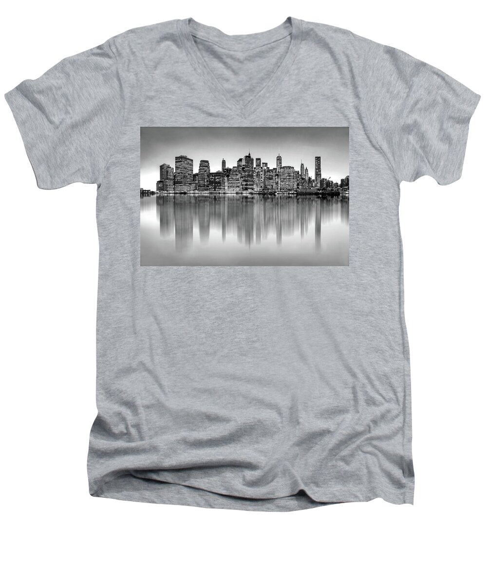 Manhattan Skyline Men's V-Neck T-Shirt featuring the photograph Big City Reflections by Az Jackson