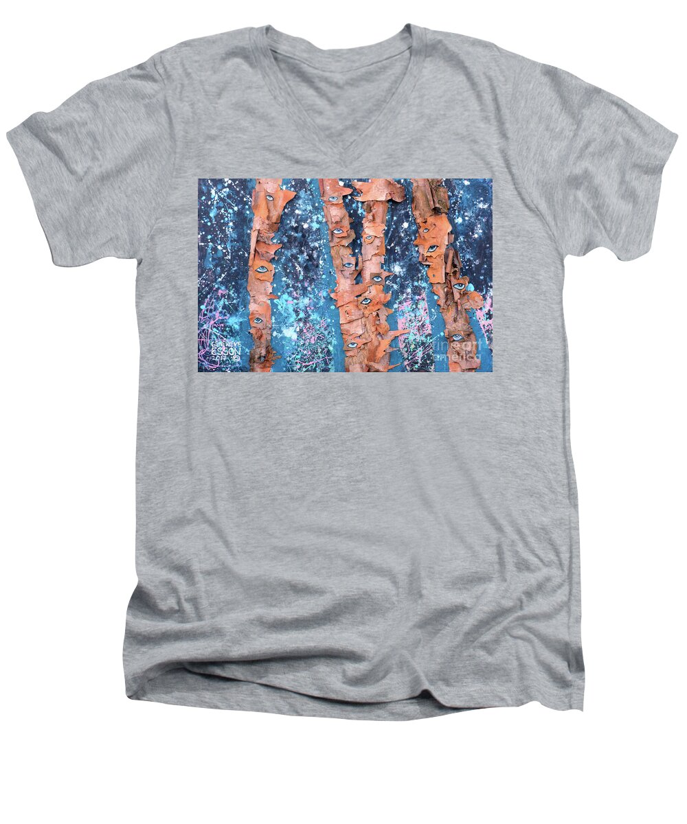 Birch Trees Men's V-Neck T-Shirt featuring the mixed media Birch Trees With Eyes by Genevieve Esson