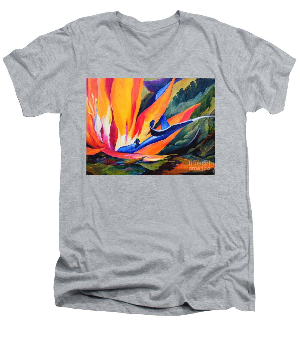 Floral Men's V-Neck T-Shirt featuring the painting Bird of Paradise by Virginia Potter