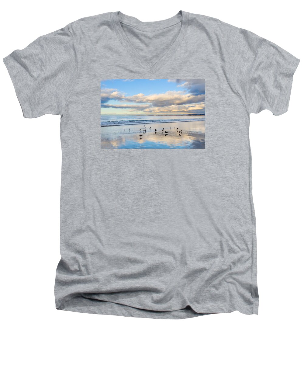 Birds Men's V-Neck T-Shirt featuring the photograph Birds on the Beach by Derek Dean