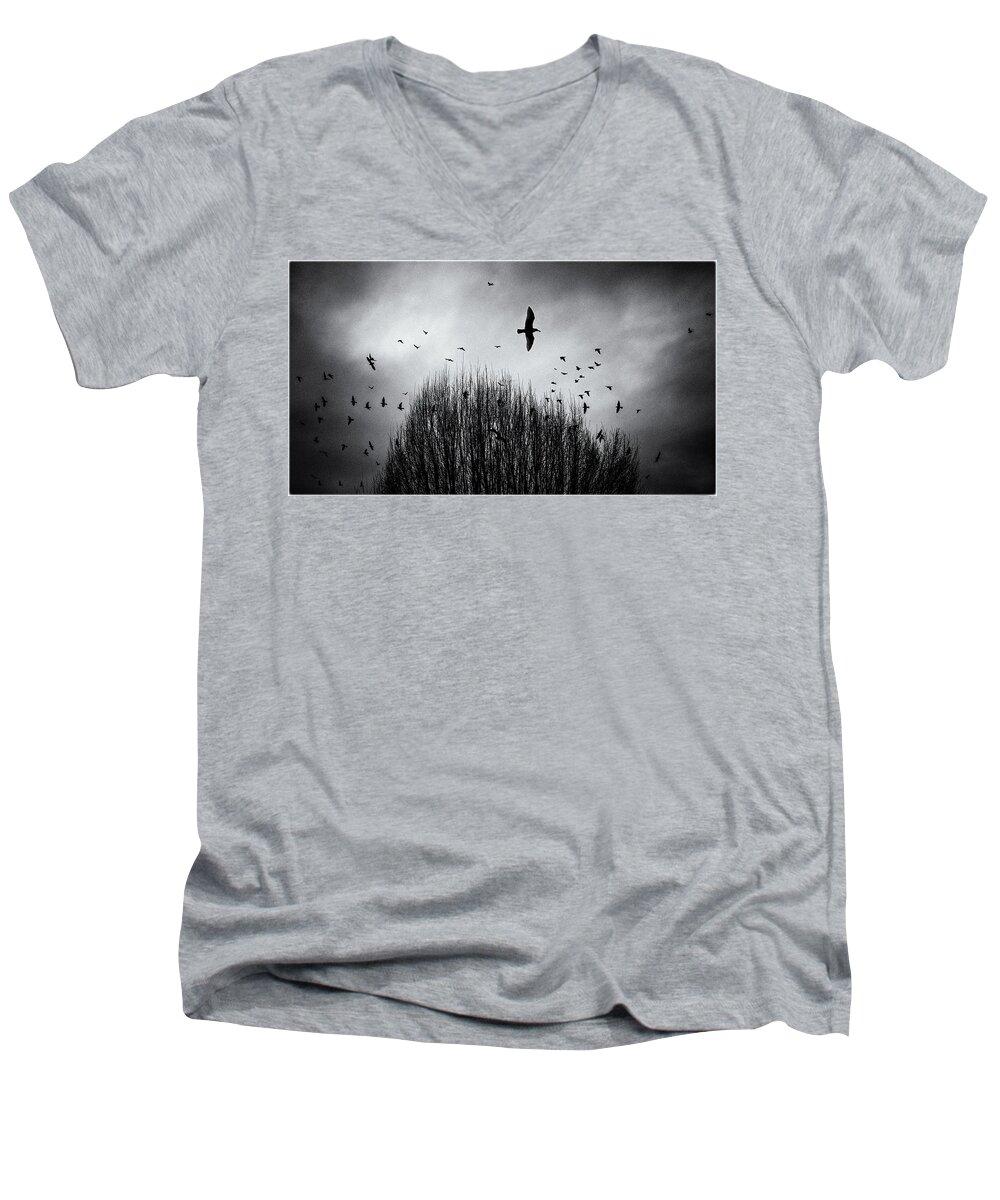 Abstract Men's V-Neck T-Shirt featuring the photograph Birds over Bush by Peter V Quenter