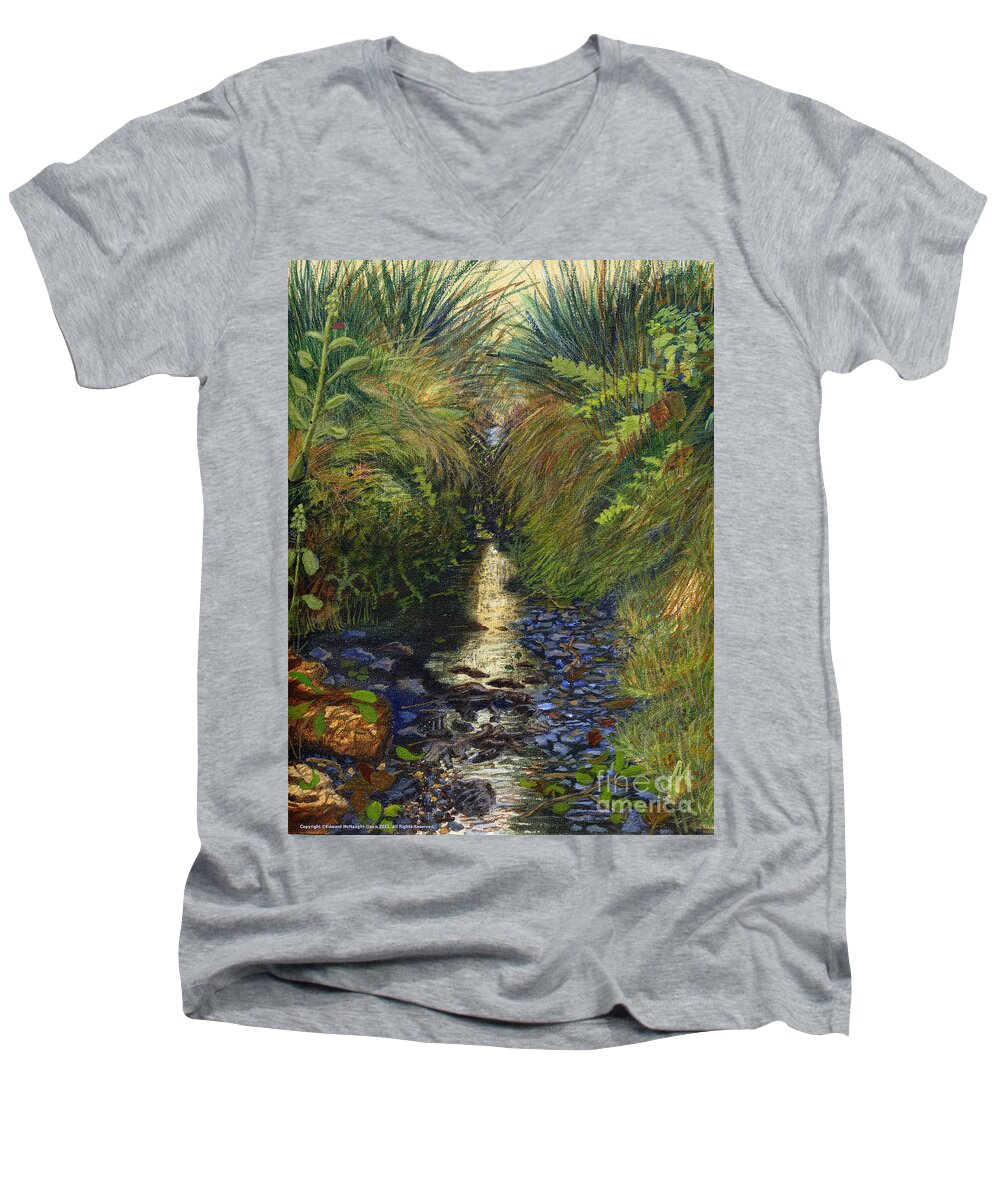 Bishop Brook Mountain Stream Men's V-Neck T-Shirt featuring the painting Bishop Brook Mountain Stream by Edward McNaught-Davis