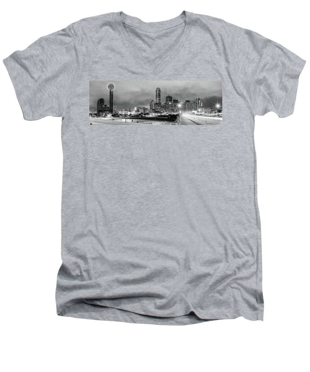 Downtown Men's V-Neck T-Shirt featuring the photograph Black and White Panorama of Downtown Dallas Skyline from South Houston Street - Dallas North Texas by Silvio Ligutti