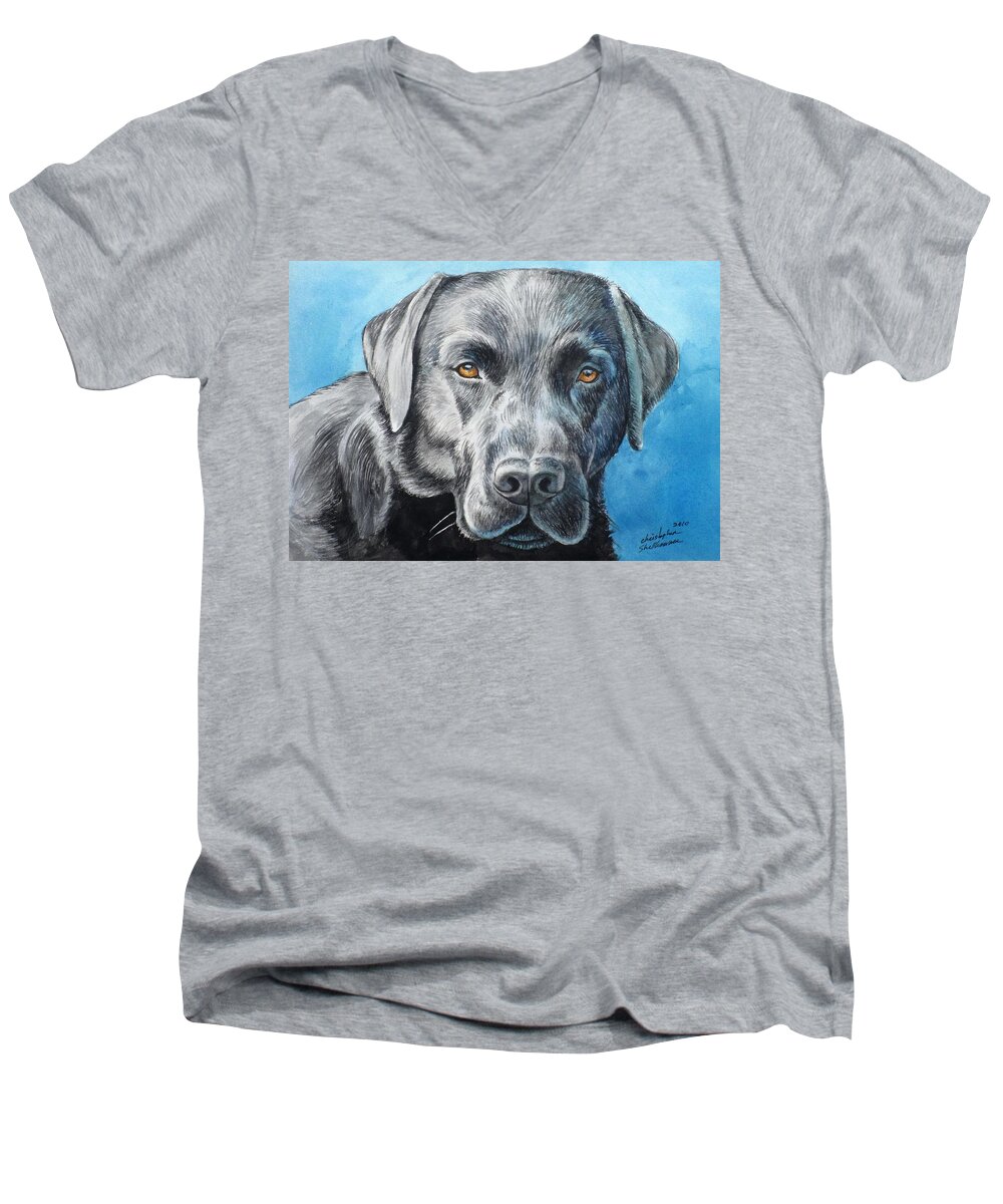 Dog Men's V-Neck T-Shirt featuring the painting Black Lab by Christopher Shellhammer