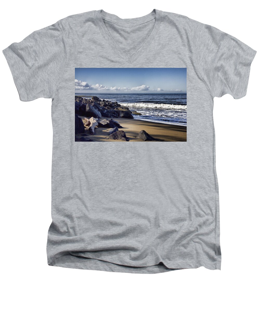 Black Sand Beach Men's V-Neck T-Shirt featuring the photograph Black Sand Beach by Douglas Barnard