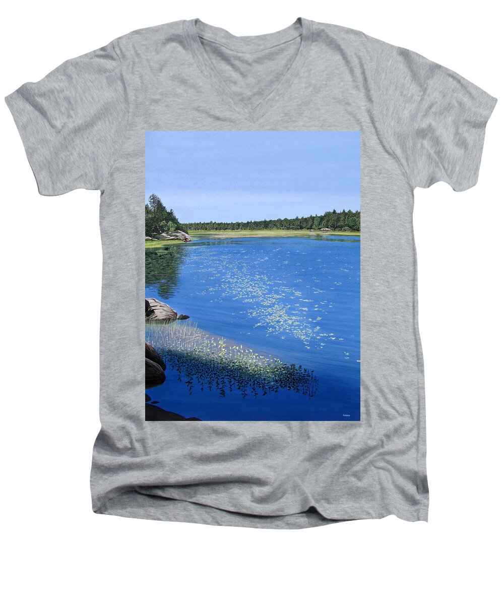 Landscapes Men's V-Neck T-Shirt featuring the painting Blackstone Bog by Kenneth M Kirsch