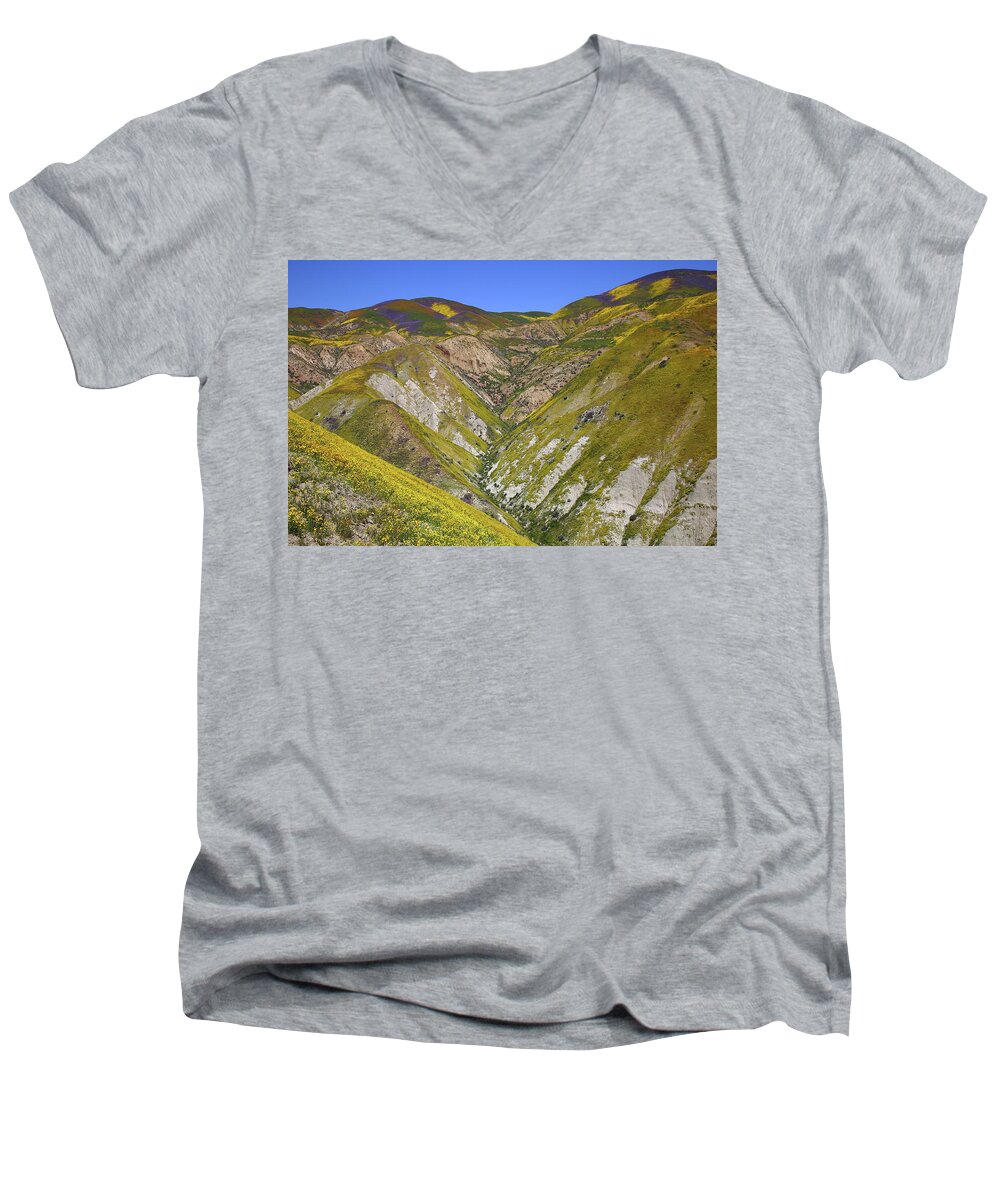 Wildflower Men's V-Neck T-Shirt featuring the photograph Blanket of wildflowers cover the Temblor Range at Carrizo Plain National Monument by Jetson Nguyen