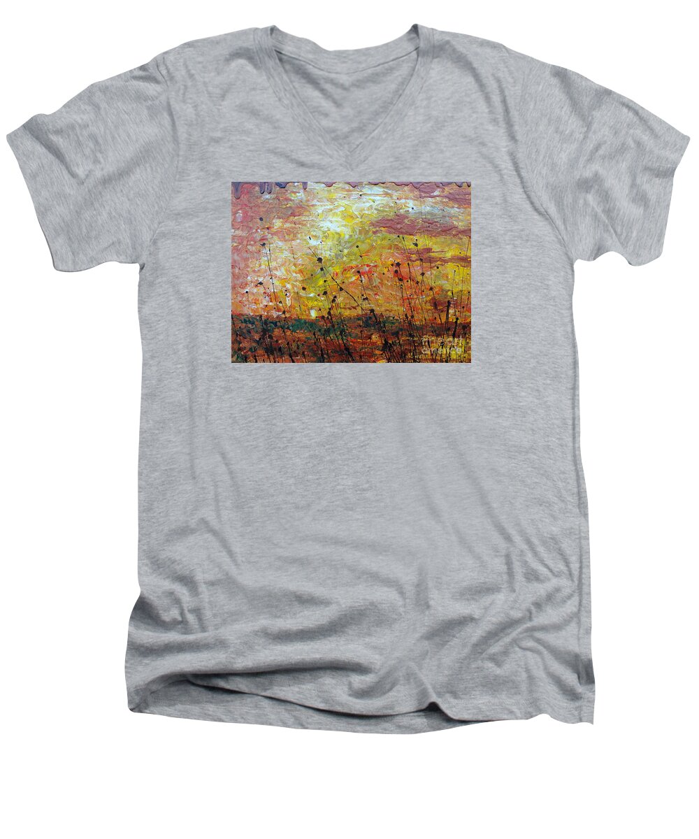 Blazing Prairie Men's V-Neck T-Shirt featuring the painting Blazing Prairie by Jacqueline Athmann