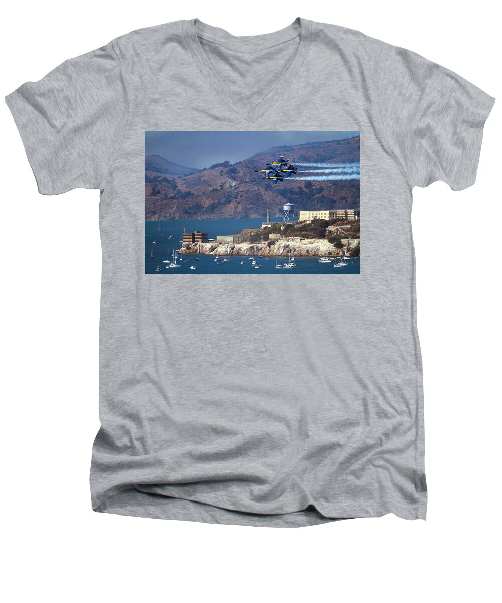 Blue Angels Over Alcatraz Men's V-Neck T-Shirt featuring the photograph Blue Angels Over Alcatraz by Bonnie Follett