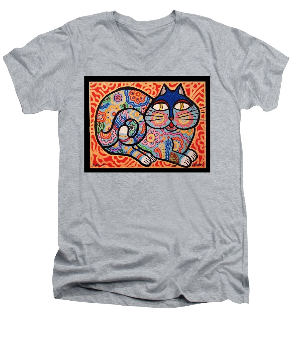 Cat Men's V-Neck T-Shirt featuring the painting Blue Cat by Jim Harris