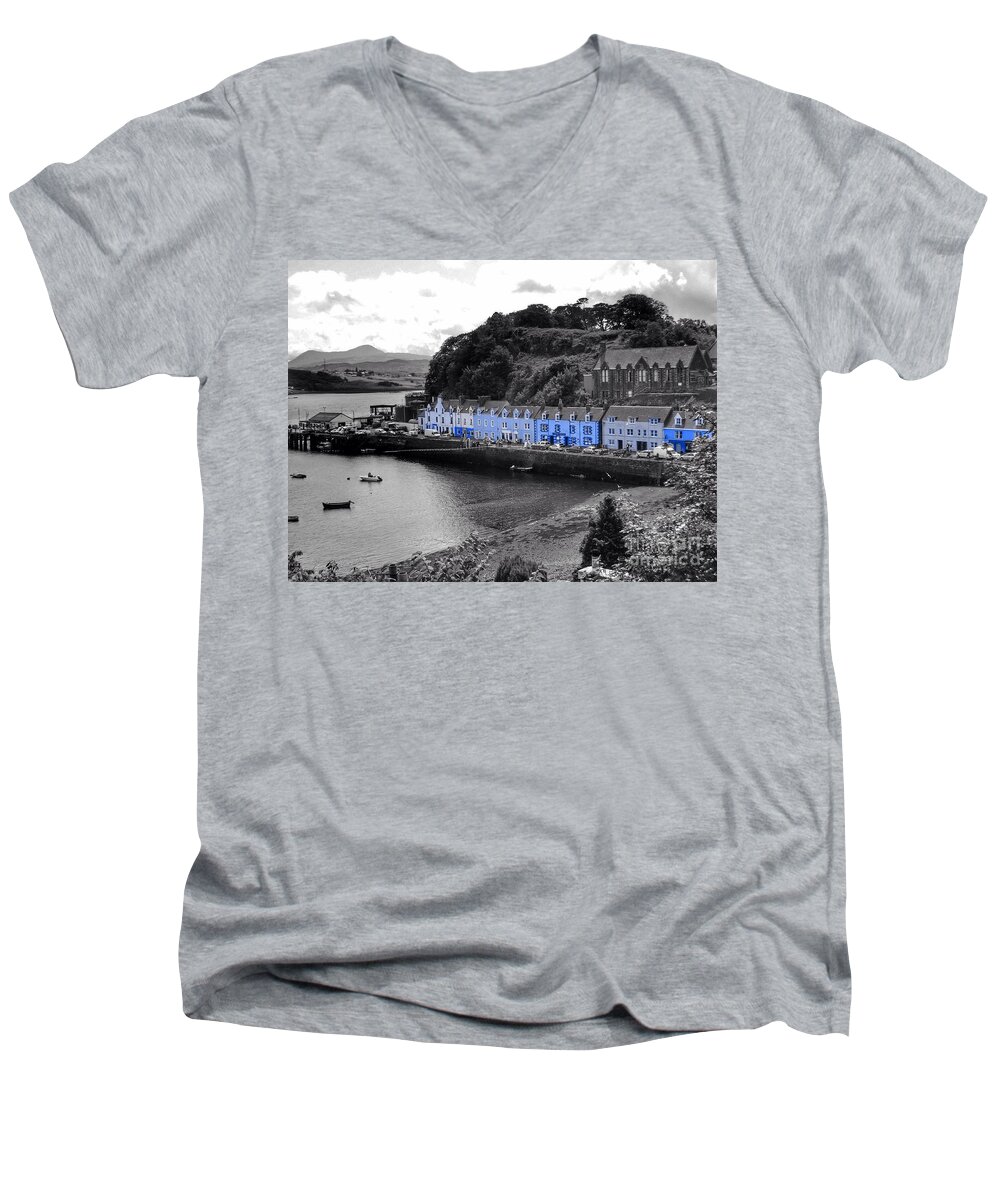 Portree Men's V-Neck T-Shirt featuring the photograph Blue Cottages at Portree Harbour 5 by Joan-Violet Stretch