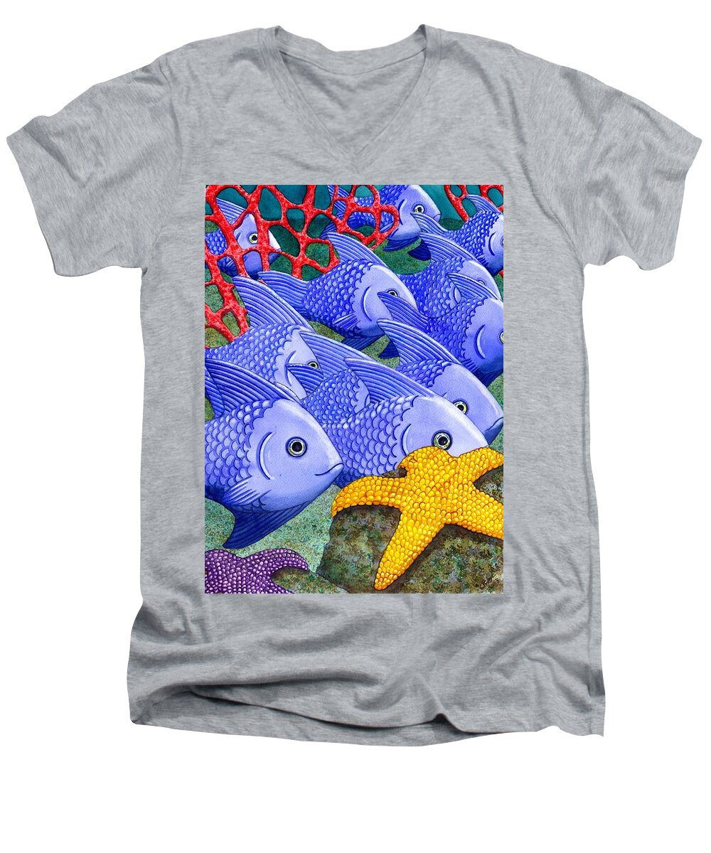 Fish Men's V-Neck T-Shirt featuring the painting Blue Fish by Catherine G McElroy