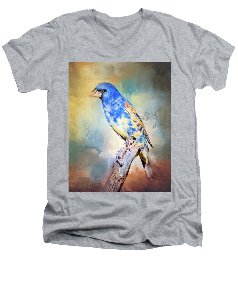Grosbeak Men's V-Neck T-Shirt featuring the photograph Blue Grosbeak by Barbara Manis