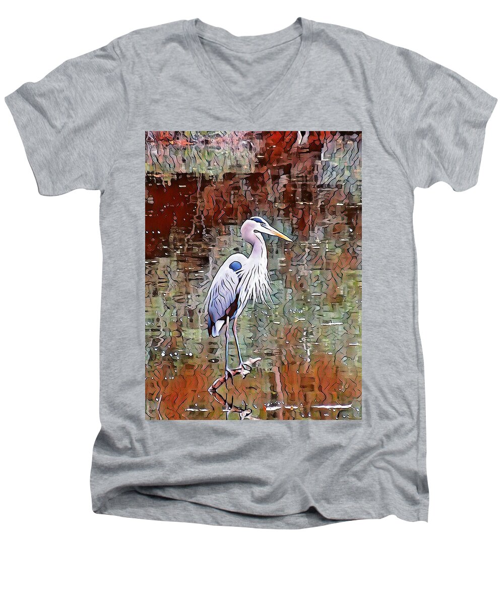 Blue Heron Men's V-Neck T-Shirt featuring the mixed media Blue Heron IV by Don Wright