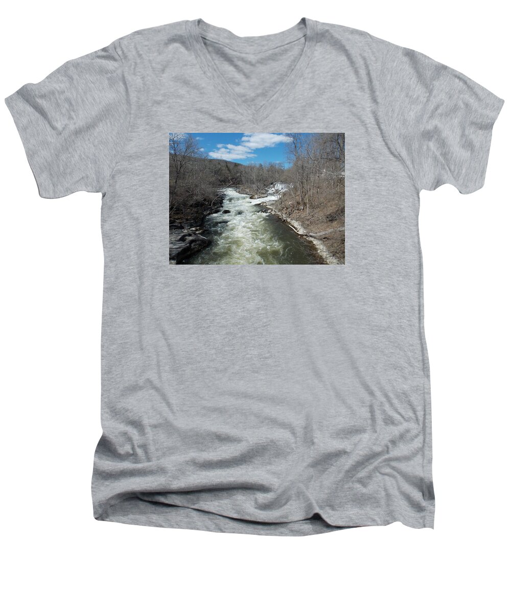 Housatonic River Men's V-Neck T-Shirt featuring the photograph Blue Skies over the Housatonic River by Catherine Gagne