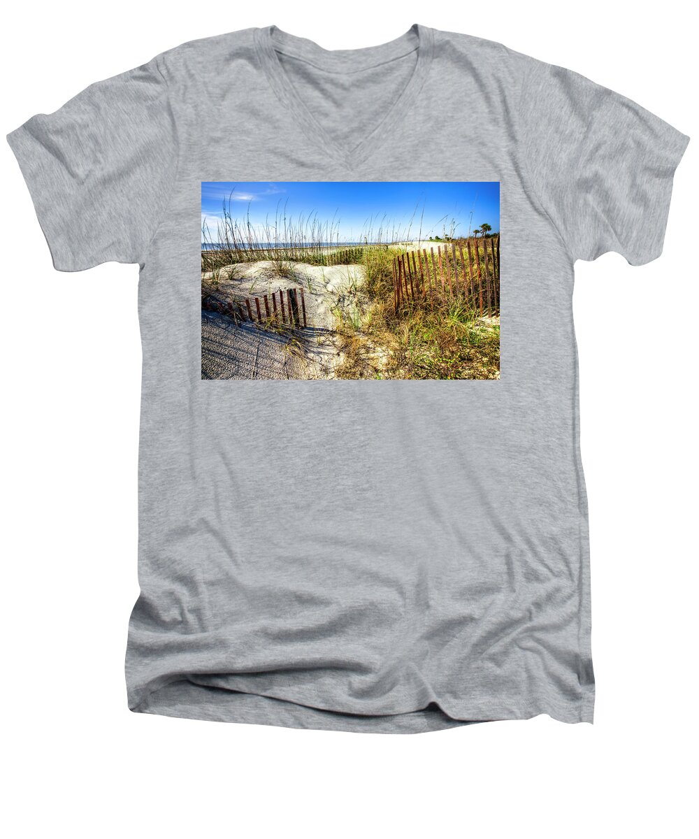 Clouds Men's V-Neck T-Shirt featuring the photograph Blue Sky Dunes by Debra and Dave Vanderlaan
