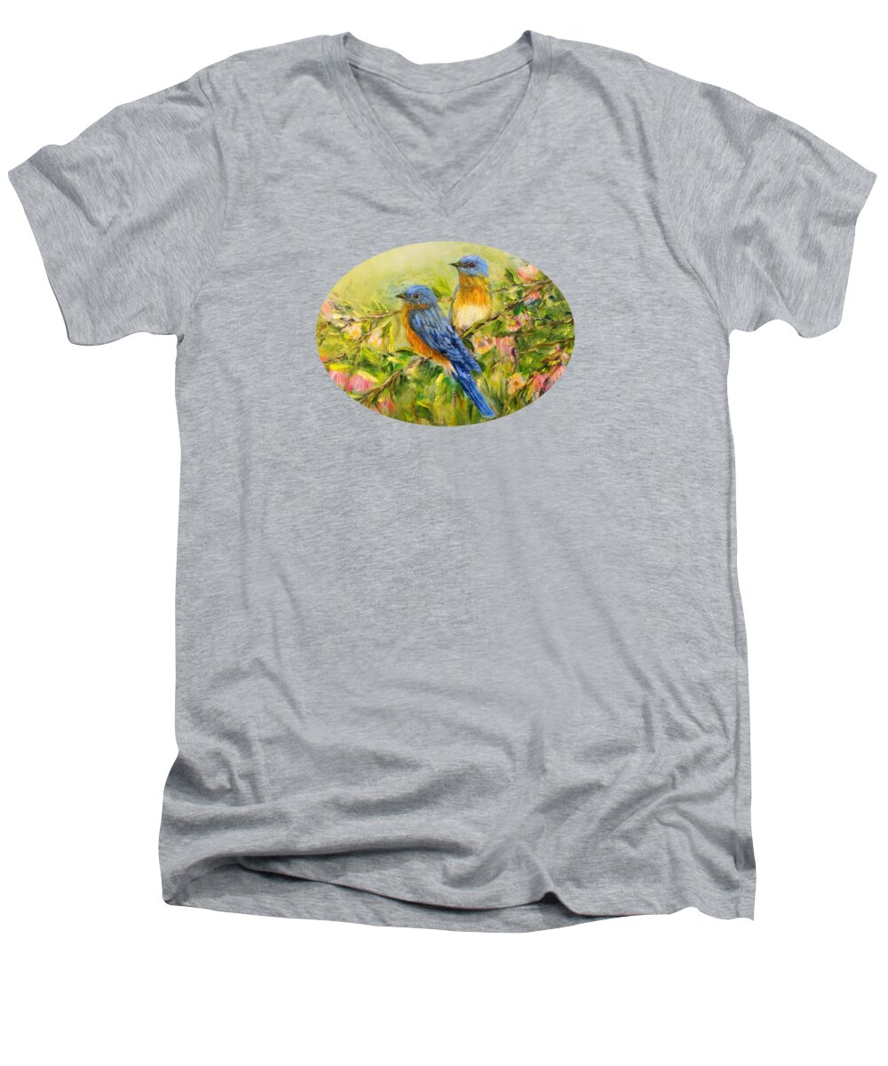 Bluebirds Men's V-Neck T-Shirt featuring the painting Bluebirds for T-Shirts and Accessories by Loretta Luglio