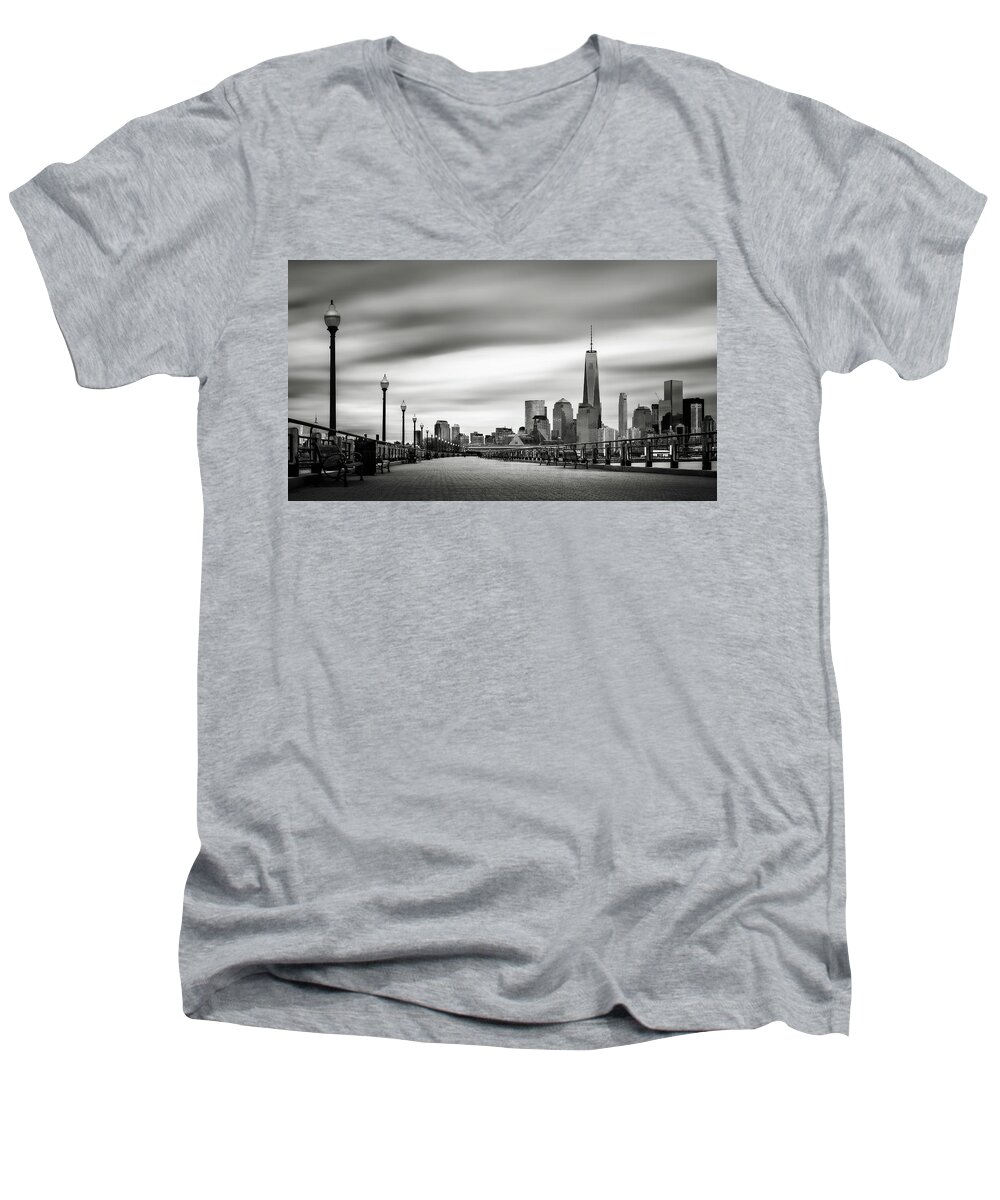City Men's V-Neck T-Shirt featuring the photograph Boardwalk into the city by Eduard Moldoveanu