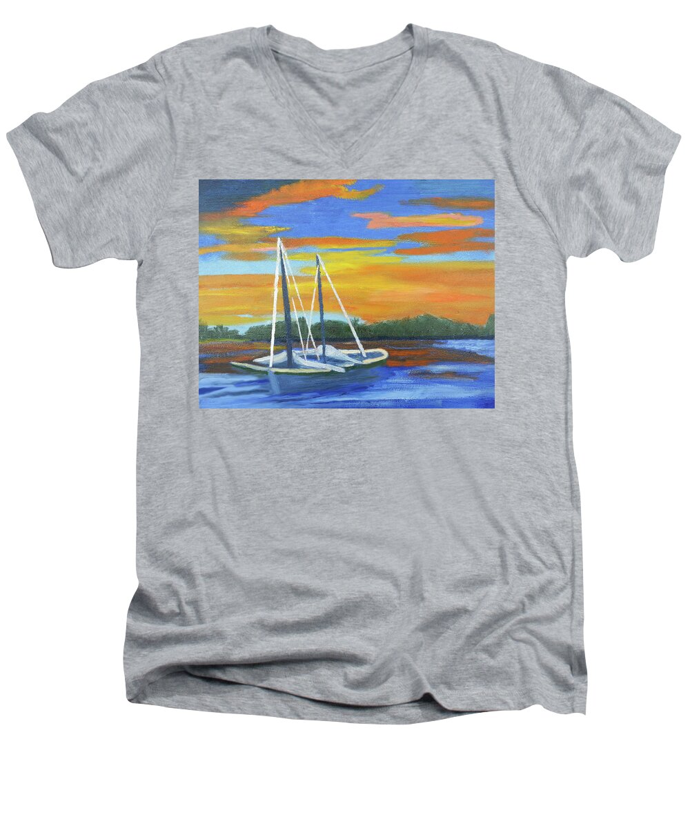 Boat Men's V-Neck T-Shirt featuring the painting Boat Adrift by Margaret Harmon