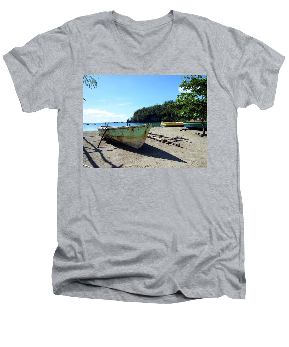 La Soufriere Men's V-Neck T-Shirt featuring the photograph Boats at La Soufriere, St. Lucia by Kurt Van Wagner