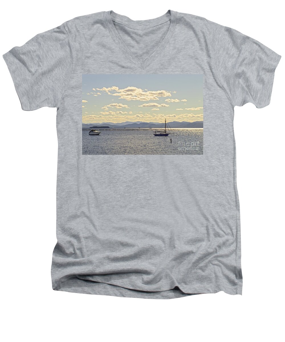 Lake Champlain Men's V-Neck T-Shirt featuring the photograph Boats on Lake Champlain Vermont by Catherine Sherman