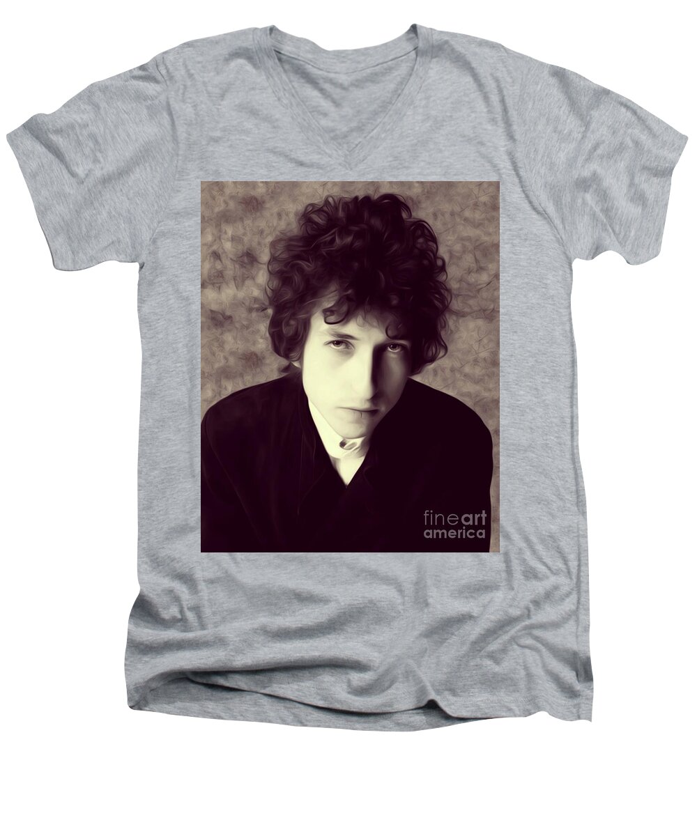 Bob Men's V-Neck T-Shirt featuring the digital art Bob Dylan, Music Legend by Esoterica Art Agency