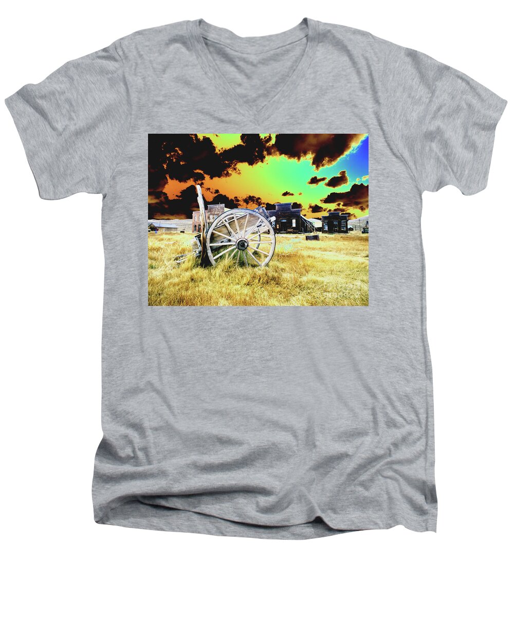 Bodie Men's V-Neck T-Shirt featuring the photograph Bodie Wagon by Jim And Emily Bush