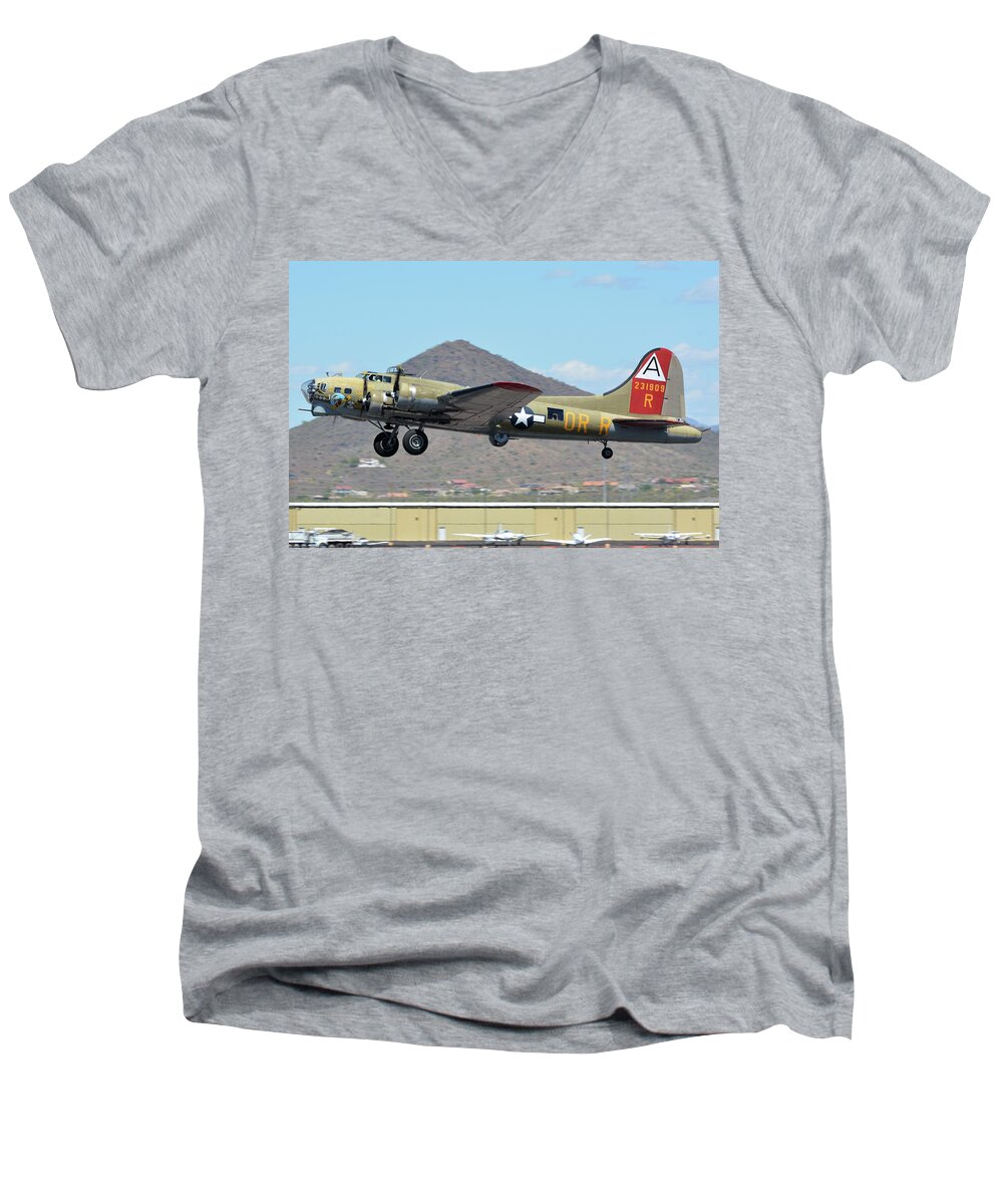 Airplane Men's V-Neck T-Shirt featuring the photograph Boeing B-17G Flying Fortress N93012 Nine-O-Nine Deer Valley Arizona April 13 2016 by Brian Lockett
