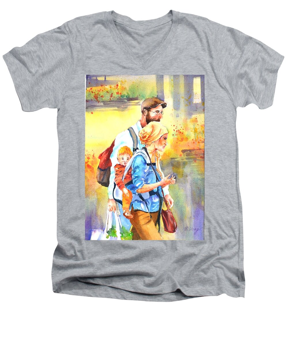  Couple Shopping Men's V-Neck T-Shirt featuring the painting Bonding #5 by Betty M M Wong