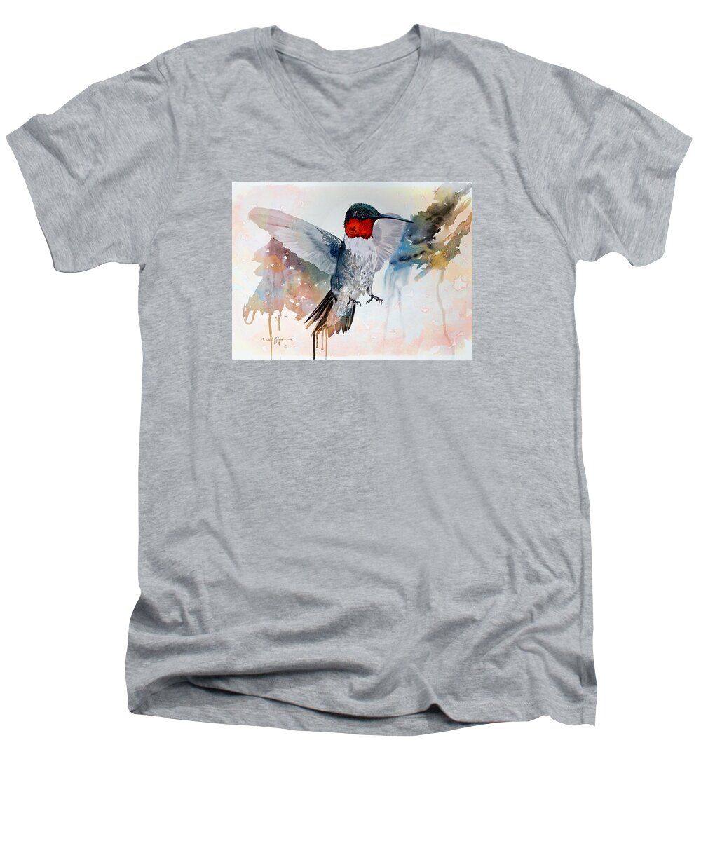 Hummingbird Men's V-Neck T-Shirt featuring the painting DA185 Bossanova the Hummingbird by Daniel Adams by Daniel Adams
