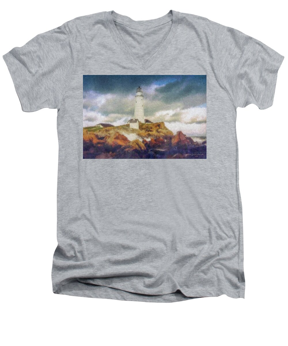 Boston Light Men's V-Neck T-Shirt featuring the painting Boston Light on a Stormy Day by Bill McEntee