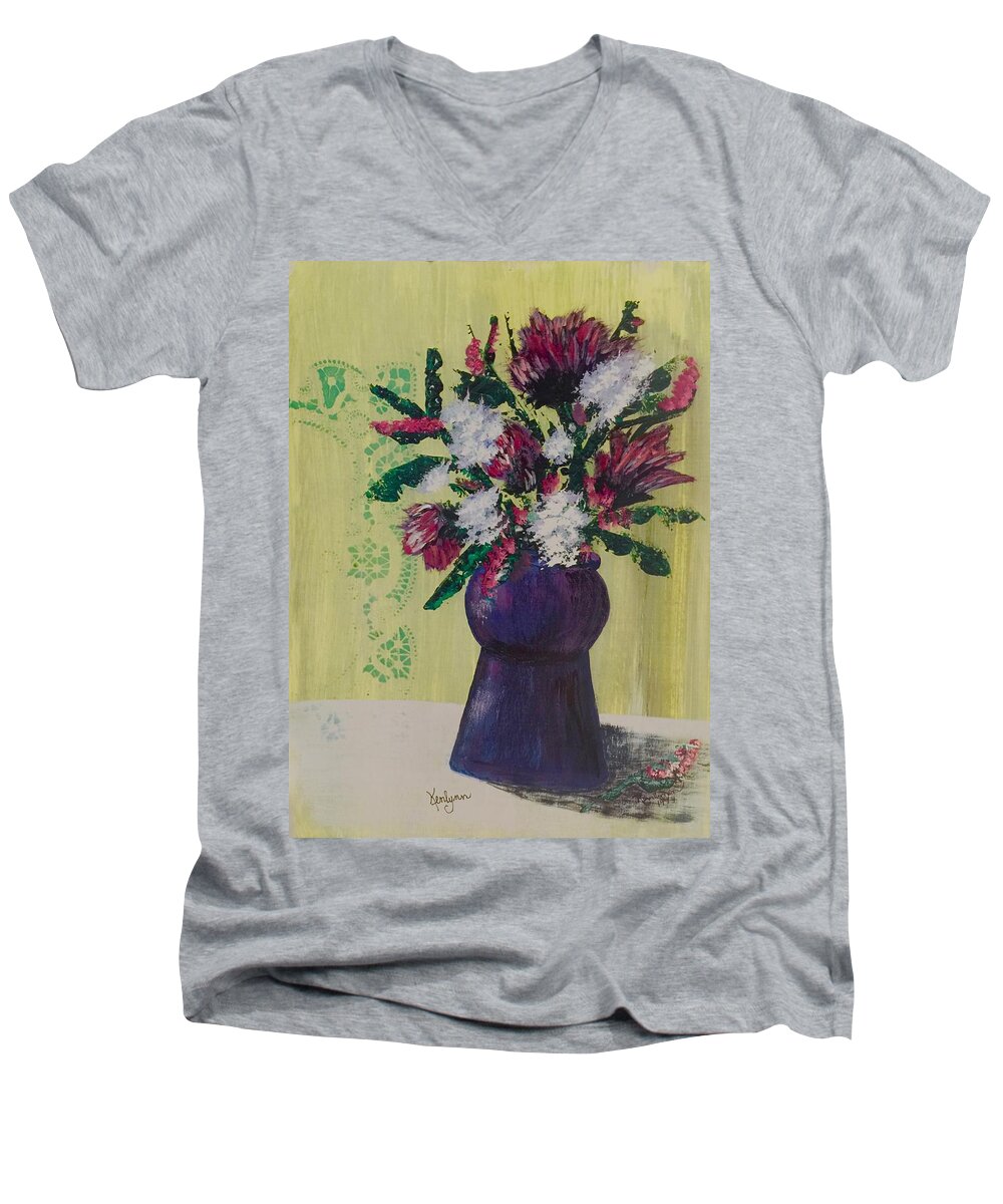 Flowers Men's V-Neck T-Shirt featuring the painting Bouquet Next to Wallpaper by Kenlynn Schroeder
