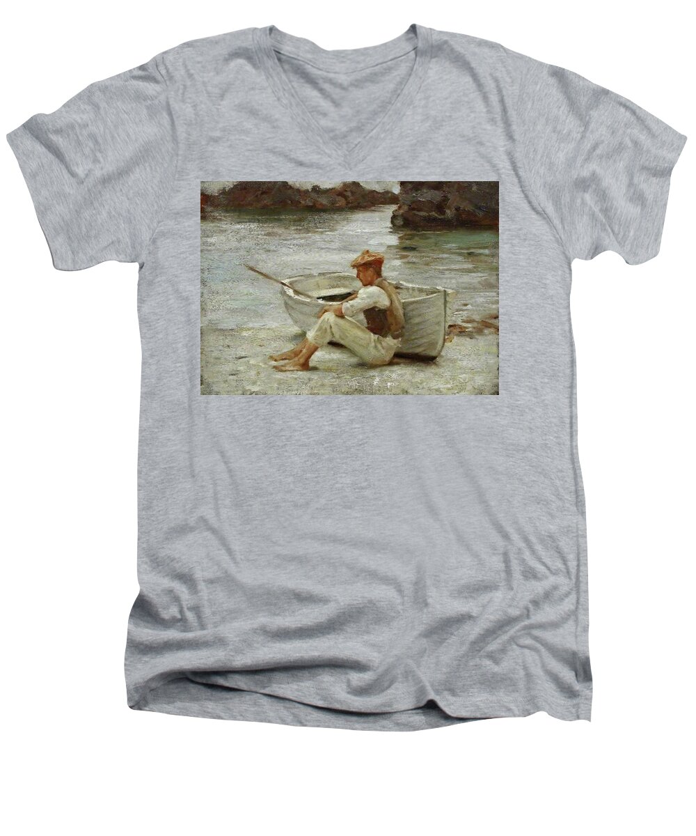 Boy Men's V-Neck T-Shirt featuring the painting Boy and Boat by Henry Scott Tuke