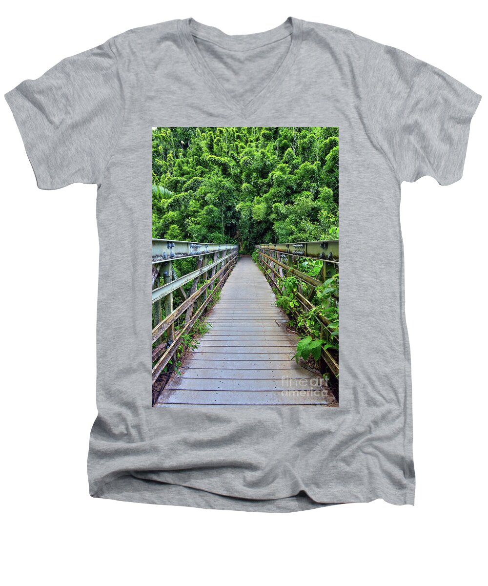 Bridge Men's V-Neck T-Shirt featuring the photograph Bridge To Bamboo Forest by Eddie Yerkish