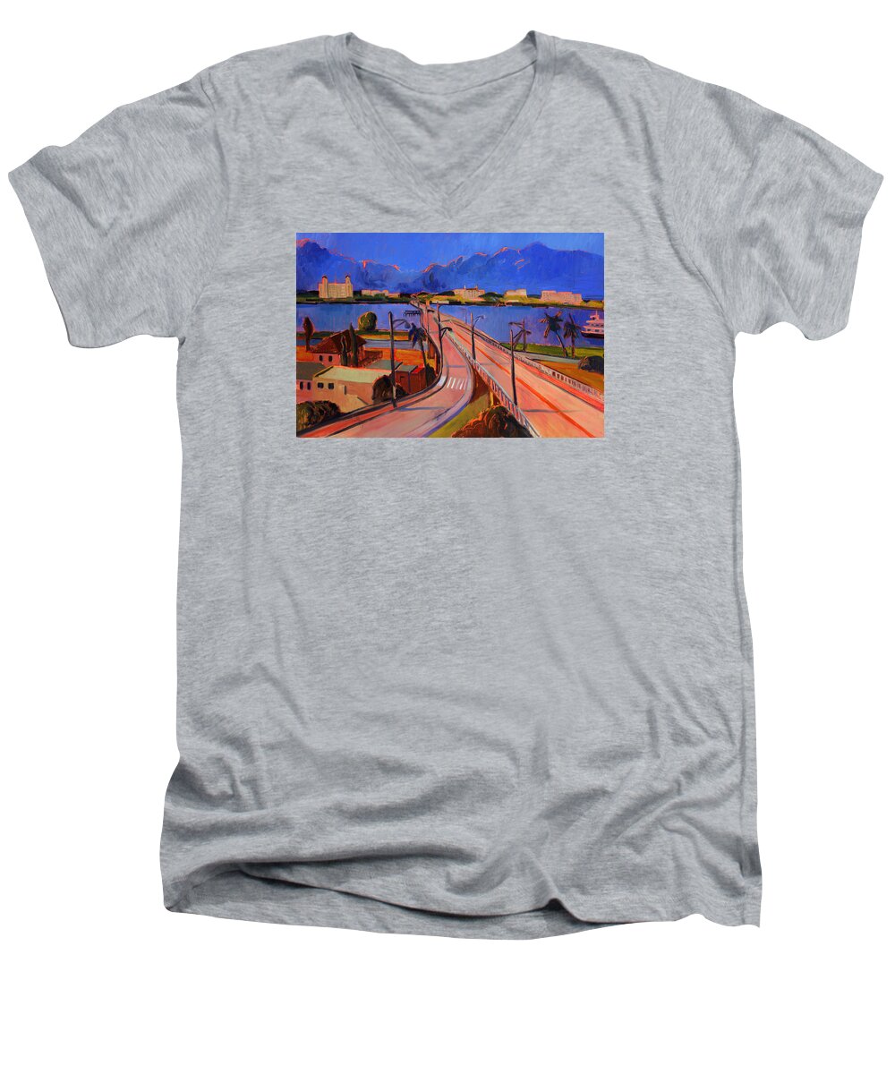 Landscape Men's V-Neck T-Shirt featuring the painting Bridge to Palm Beach by Thomas Tribby